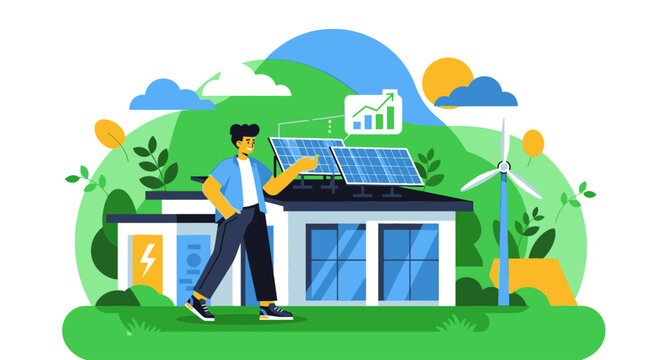Illustration of a man installing solar panels on a house with a wind turbine and green landscape in the background, conveying an eco-friendly and sustainable living concept.