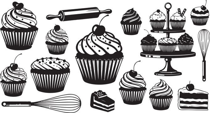 Black and white cupcake illustration with baking tools