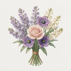 Obraz premium Hand-Drawn Floral Bouquet Illustration with Rose, Lavender, and Anemones