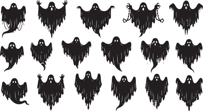 Collection of various ghost silhouettes on white background