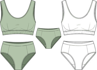 Set of lingerie pieces, two bras and two panties, one set is green and other is white, line art. © Creative _ idea
