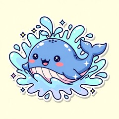 Fototapeta premium Cute Kawaii Blue Whale Jumping in Water Splash.