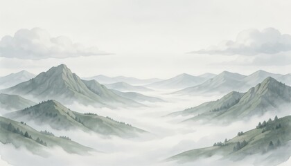 Fototapeta premium Misty Mountain Landscape Painting with Foggy Valleys and Peaks