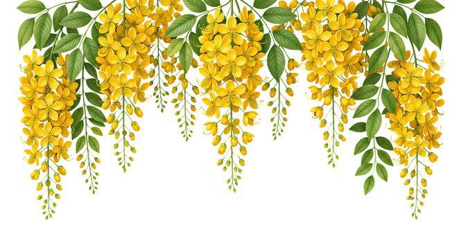 Hanging yellow Cassia fistula flowers with green leaves. Golden shower tree or Kanikkonna floral border, Symbol for the Vishu festival in Kerala