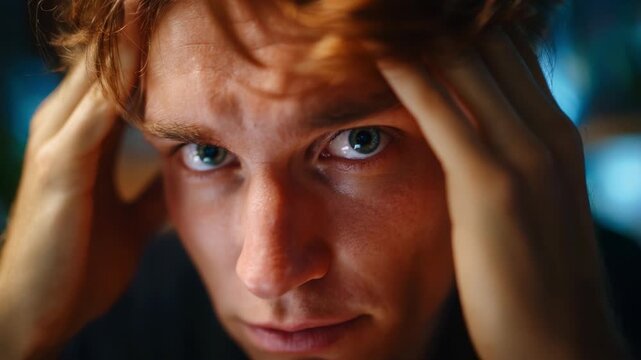 A Close-Up Portrait of a Young Man Displaying Intense Emotions Conveying Stress and Frustration Through His Expressions in a Dimly Lit Atmosphere