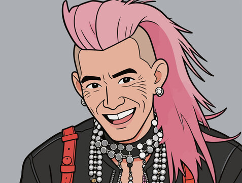 Character with pink mohawk hairstyle smiles while wearing jewelry and leather clothing in a cartoon-style design