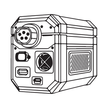 Detailed illustration of a futuristic scifi electronic device with various buttons and ports on its surface  closeup view