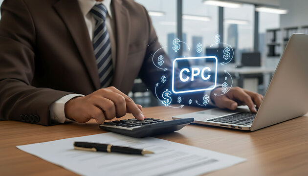 Professional businessman calculating CPC marketing cost and digital advertising budget