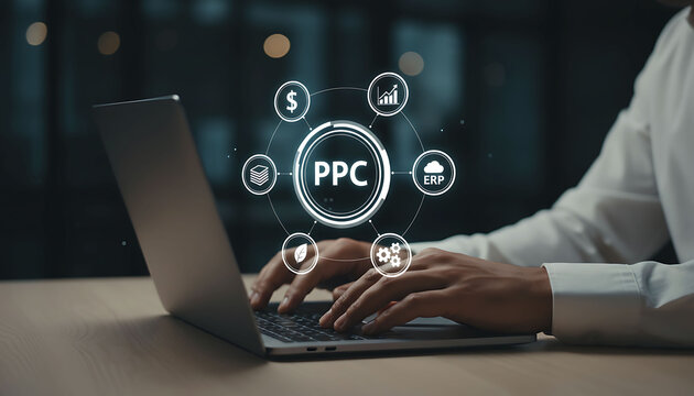Digital marketer working on PPC advertising campaign and ERP integration on laptop