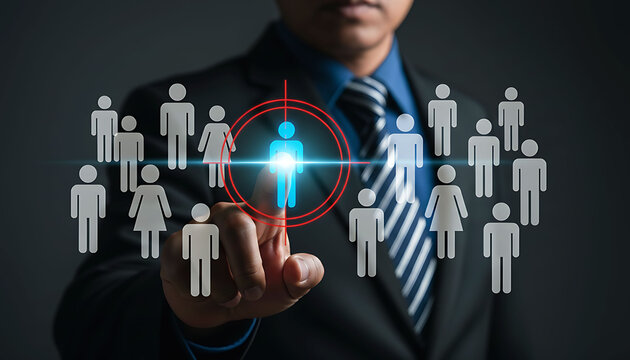 Businessman pointing at target audience icon for marketing strategy and customer segmentation