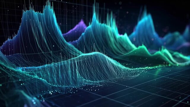Abstract Data Visualization: An eye-catching illustration of abstract data points, visualized as undulating waves and peaks, in a gradient of vivid hues.
