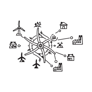 Energy sources and consumption network with renewable and nonrenewable power plants and industrial icons  global energy flow