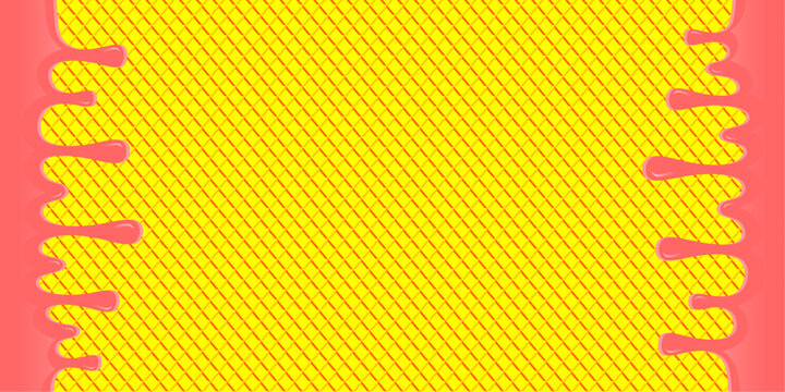 Wavy syrup illustration. Dripping candy illustration background. Pink ice cream drip illustration. Fast food caramel drip illustration. Hand-drawn milk drip on waffle background.