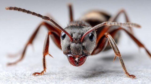 Extreme Macro Close-up of an Ant Head with Detailed Eyes and Mandibles.