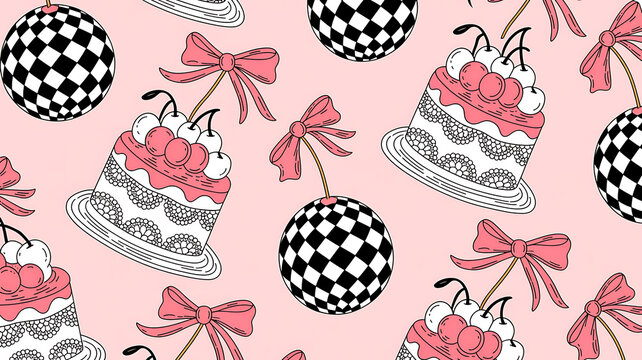 Cute Cake and Cherry Seamless Pattern with Bows and Checkered Balls