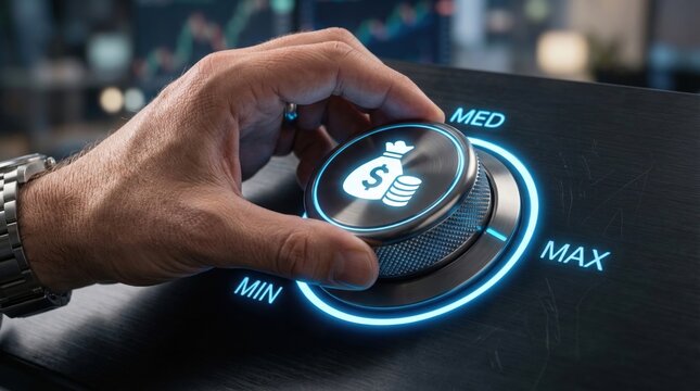 A persons hand turns a glowing blue financial control knob to maximize earnings on a sleek modern panel with charts in the background