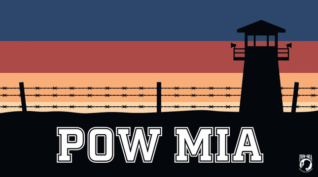 Flat vector illustration of a barbed wire silhouette against a sunset sky with American flag colors for POW MIA remembrance