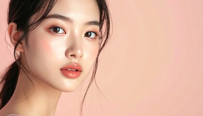 Naklejka premium Beautiful young Asian woman with clean glowing skin and natural makeup きれいで輝く肌とナチュラルメイクの美しい若いアジア人女性 コピースペース付き