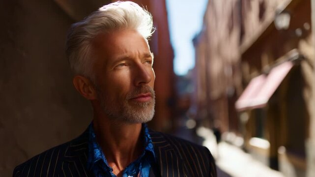 A Thoughtful Man in a Stylish Pinstriped Suit Ponders Life in a Charming Urban Alley Under the Vibrant Sunlight of a Clear Day