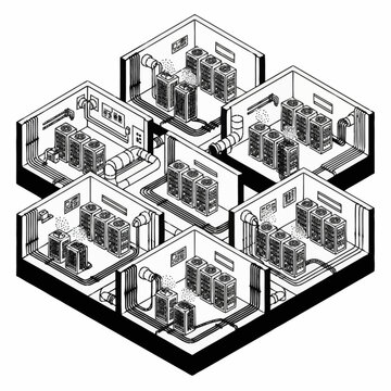 Isometric illustration of a server room with multiple racks of computers and cooling systems.