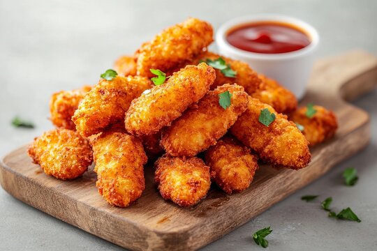 Crispy, golden-brown cheese snacks piled high on a wooden board with a side of ketchup