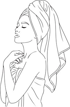 Woman with towel on head, line art beauty, vector illustration, minimalist style