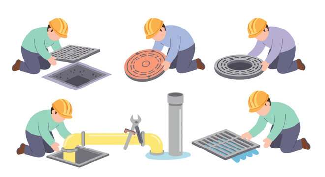 Flat Illustration of Plumbing and Sanitation Workers Repairing Manholes, Drains, and Pipes