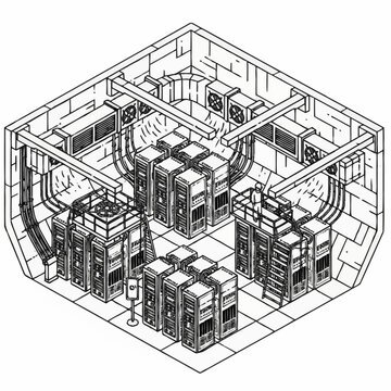Isometric illustration of a server room with racks of computers and cooling systems.
