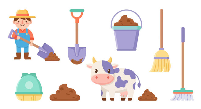 Agriculture Flat Cartoon Illustration of Farm Manure Cleaning and Management with Farmer and Cow