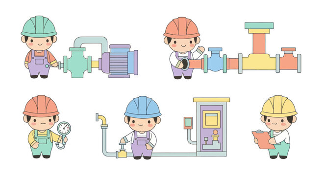Flat Cartoon Industrial Engineering and Plumbing Workers with Pipes, Pumps, Valves Vector Set