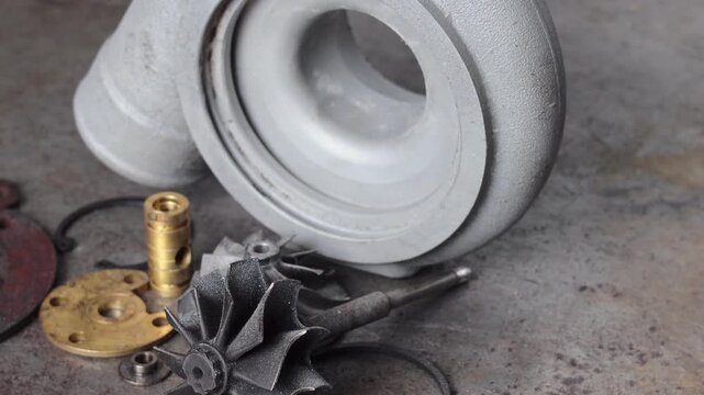 Panning shot of disassembled turbocharger parts including housing, turbine wheel, and brass bearings arranged on a rustic metal workshop floor.