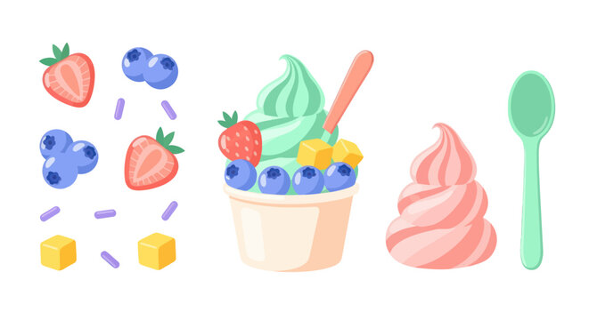 Food Vector Illustration of Flat Design Frozen Yogurt with Berries, Toppings, Soft Serve  Spoon