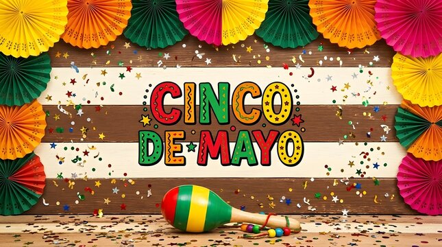 A horizontal banner featuring a weathered wooden sign with "Cinco de Mayo" text, framed by colorful paper fans and festive maracas.