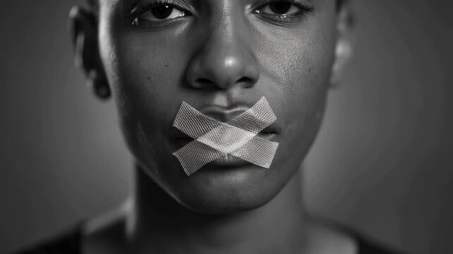 Person with mouth taped shut, symbol of silence and censorship