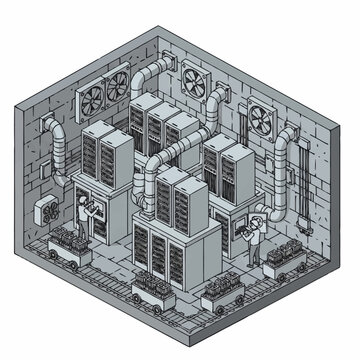Isometric illustration of a server room with cooling systems and technicians working.