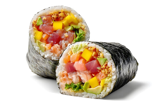Pristine Sushirrito Cut in Half Showcasing Vibrant Sushi Ingredients and Fresh Fillings on a Clean White Background