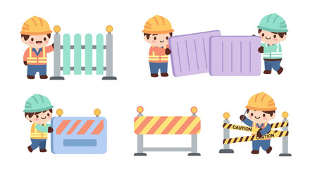 Obraz premium Construction worker characters with barriers and fences, flat vector style