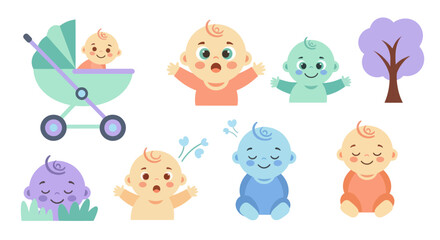 Obraz premium Cute Baby Icons Set, Vector Flat Design, Newborn Characters Collection