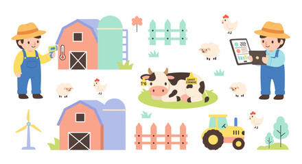 Fototapeta premium Smart Farming with Farmer, Tractor, Cow, Chicken, Sheep, Barn