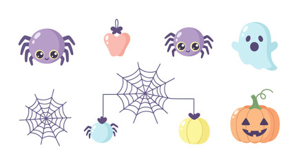 Obraz premium Cute Halloween Vector Icons: Spiders, Ghost, Pumpkin, Cobweb, Flat Style