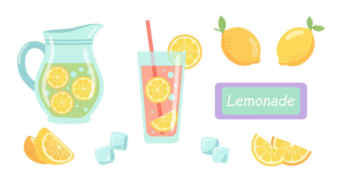 Flat Design Illustration Set: Fresh Lemonade with Lemons, Pitcher, Glass, and Ice Cubes