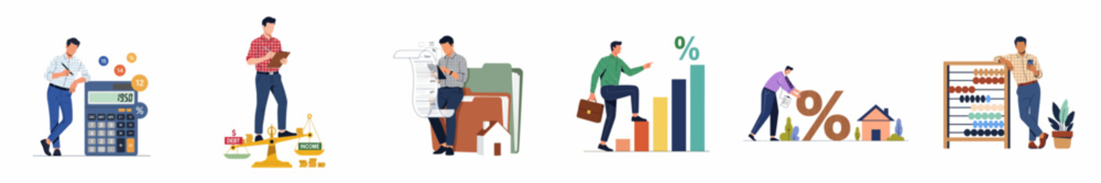 Collection of flat vector illustrations depicting business professionals managing personal and corporate finances, debt, growth, accounting, and real estate investments.