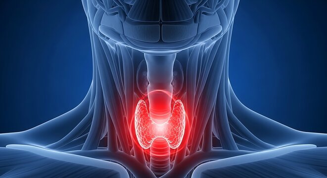 Glowing red thyroid gland in the neck area is highlighted within a translucent human silhouette for medical visualization.