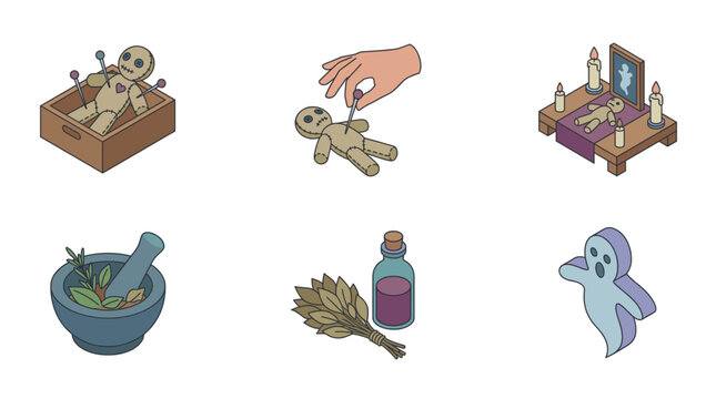 Isometric witchcraft and voodoo doll vector illustration set featuring creepy ritual altar, ghost, magic potion bottle, mortar, herbs, and a hand putting a needle into the toy.