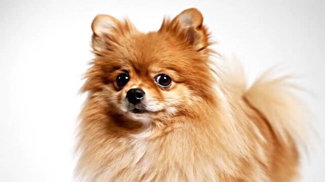 Small fluffy orange Pomeranian dog sitting upright against a plain white background, showcasing its thick double coat, alert expression, and pointed ears in a studio portrait.