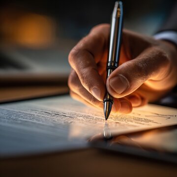 Legal Professional Annotates Digital Document on Tablet With Stylus in Warm Light on Clean Desk Space