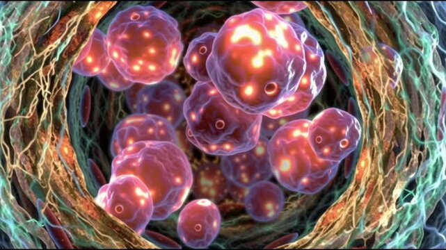 Lifestyle fasting. Longevity. Autophagy cellular degradation. Lysosomal recycling. Catabolic maintenance. Close-up microscopic view of glowing cells with translucent membranes