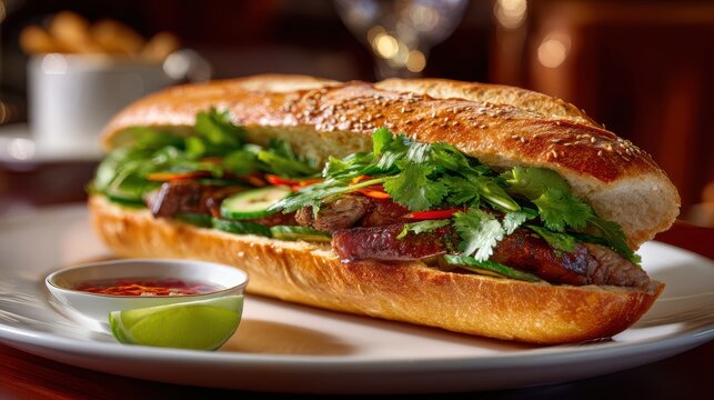 新鮮な食材を皿に盛ったおいしいサンドイッチ