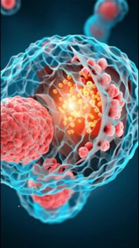 Lifestyle fasting. Longevity. Autophagy cellular degradation. Lysosomal recycling. Catabolic maintenance. Detailed 3D illustration of a human cell with nucleus and organelles