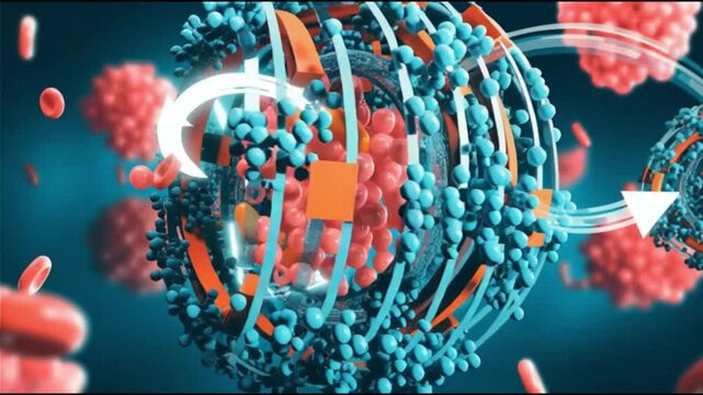 Lifestyle fasting. Longevity. Autophagy cellular degradation. Lysosomal recycling. Catabolic maintenance. 3D rendering of a virus or nanoparticle interacting with blood cells
